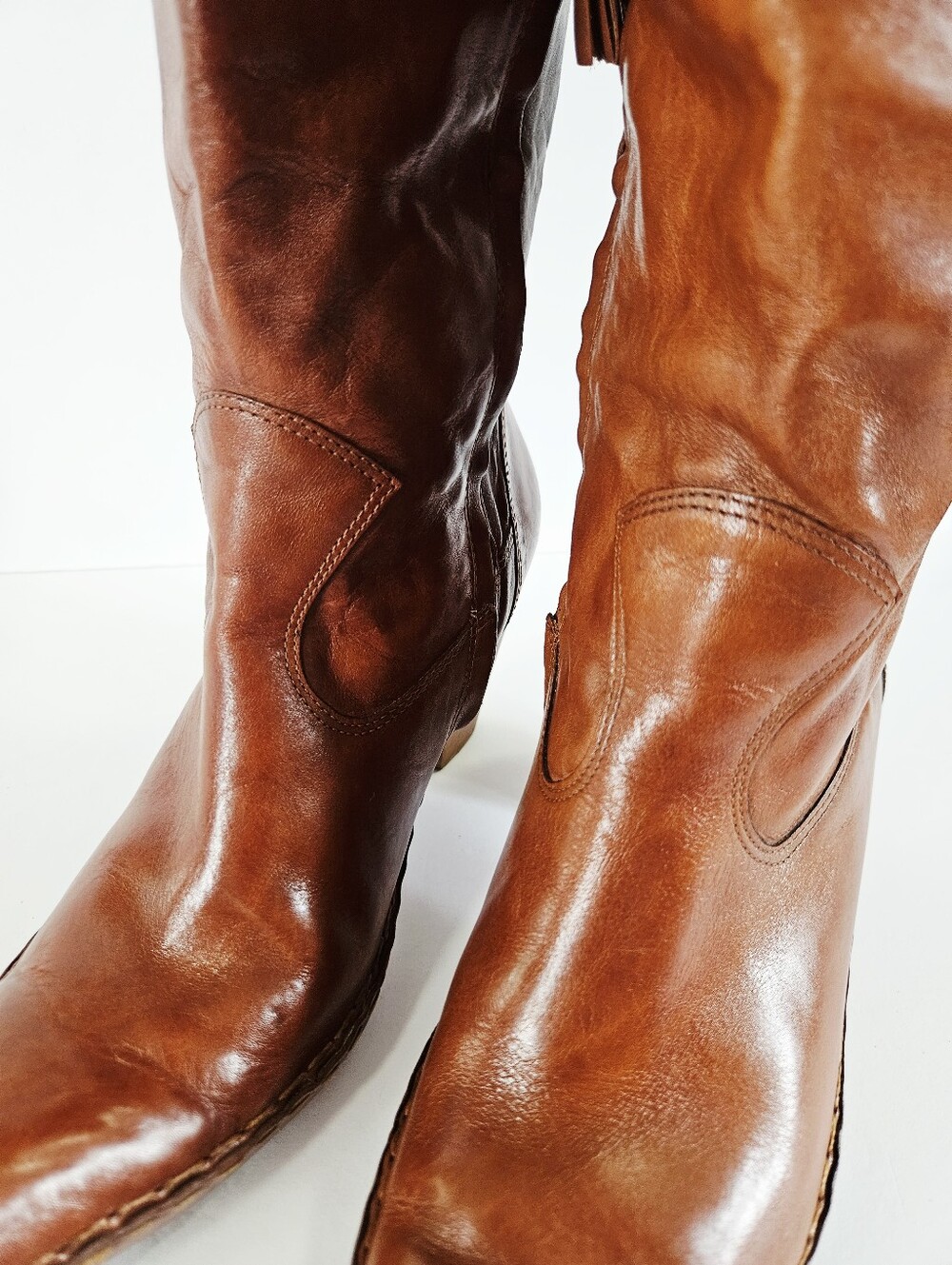 Vintage Frye Phoenix Cognac Brown Leather Stacked Heel Western Cowboy Boots 10 - Picture 15 of 15